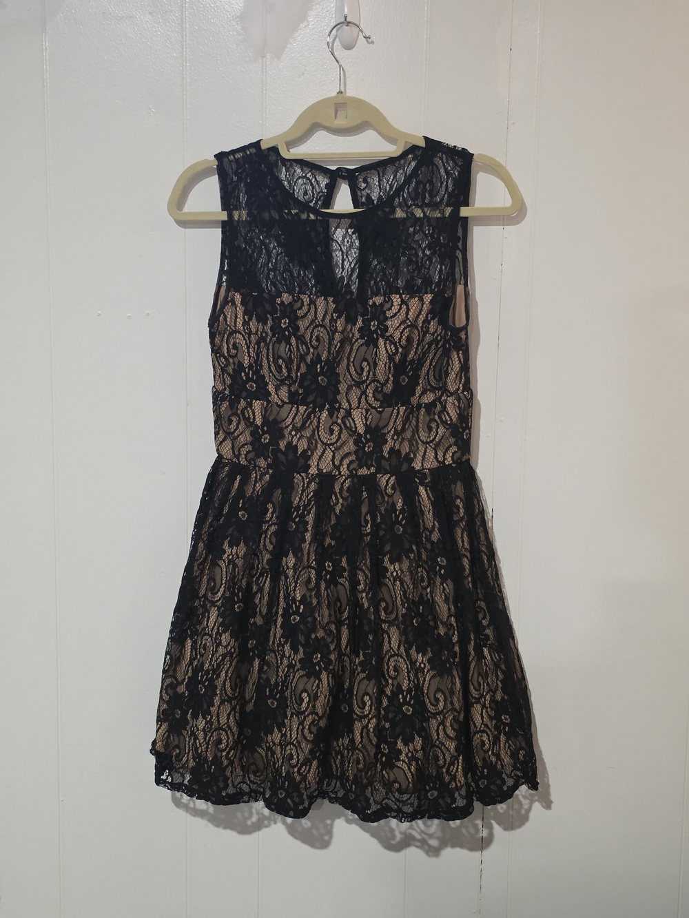 B Darlin Black Lace Mini Dress with Nude Underlay